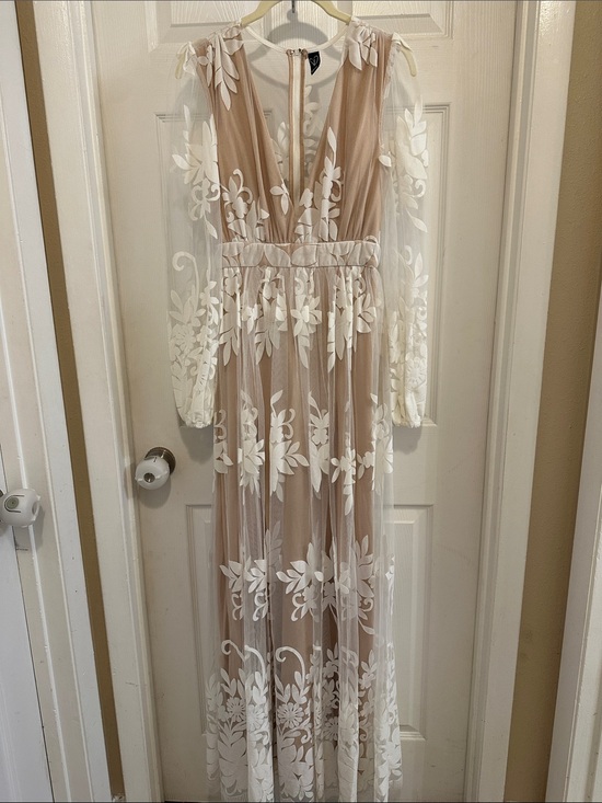 Windsor Dresses & Skirts - Windsor Nude Maxi Dress with White Floral Lace and Velvet Appliqué